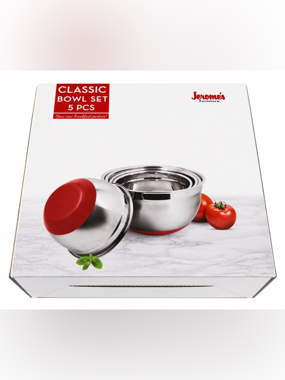 Jerome’s 5 Pc Metal Mixing Bowl Set Red Non-Slip Base Kitchen Prep NIB